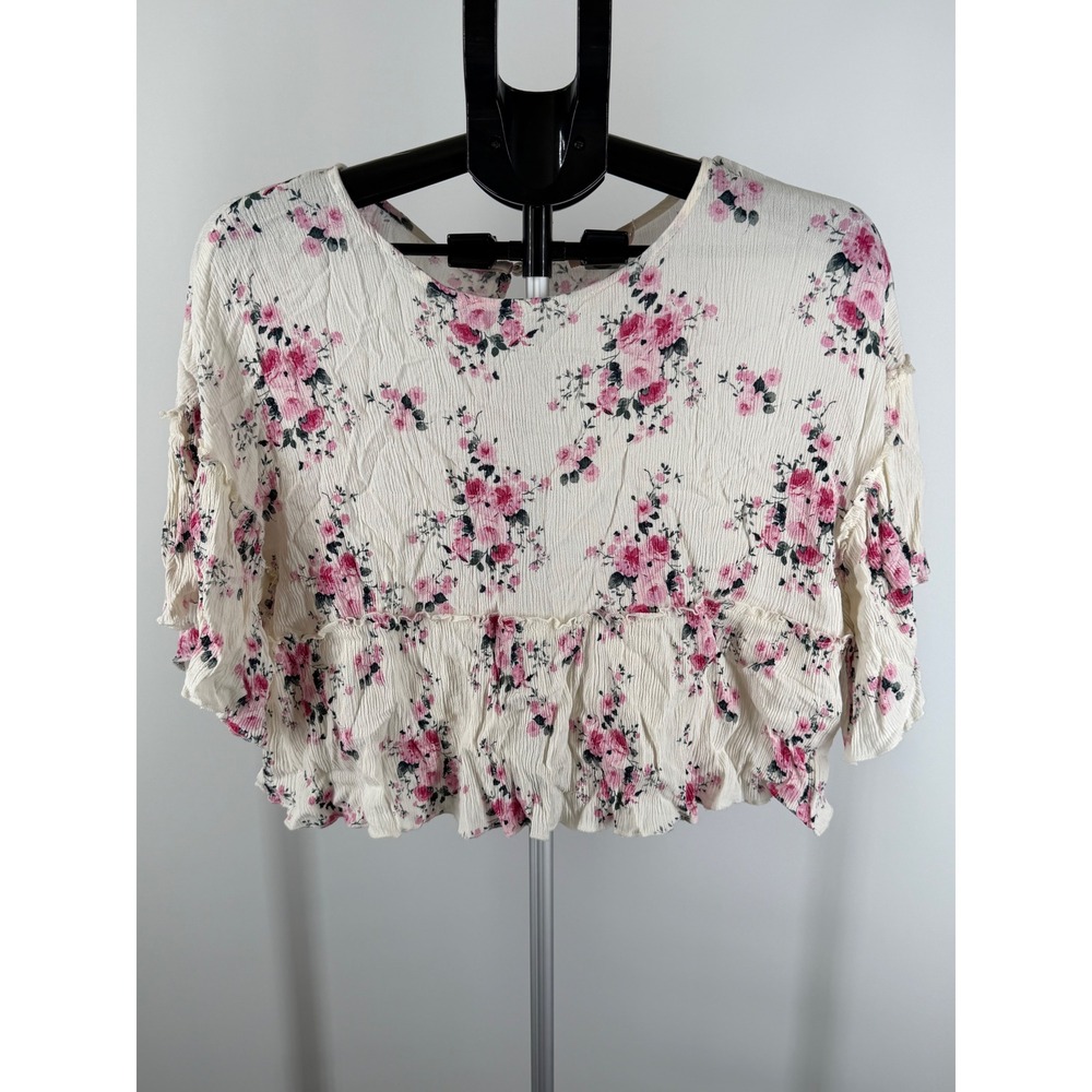 Mi Ami Pink Floral Peplum Crop‎ Top Cream Crinkle Gauze Short Sleeve Y14